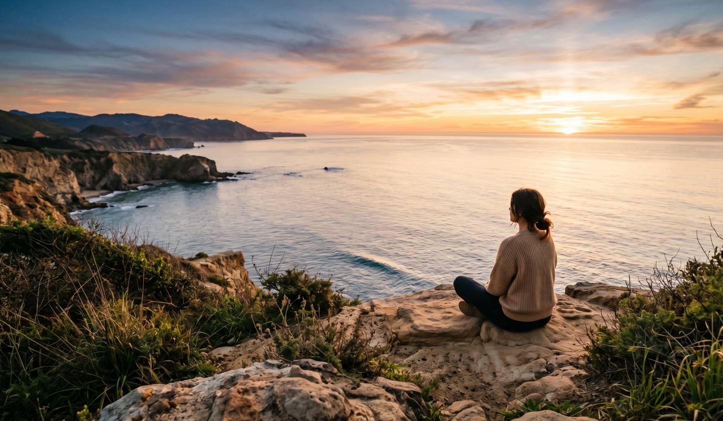 Person finding peace through mindful living in a natural setting