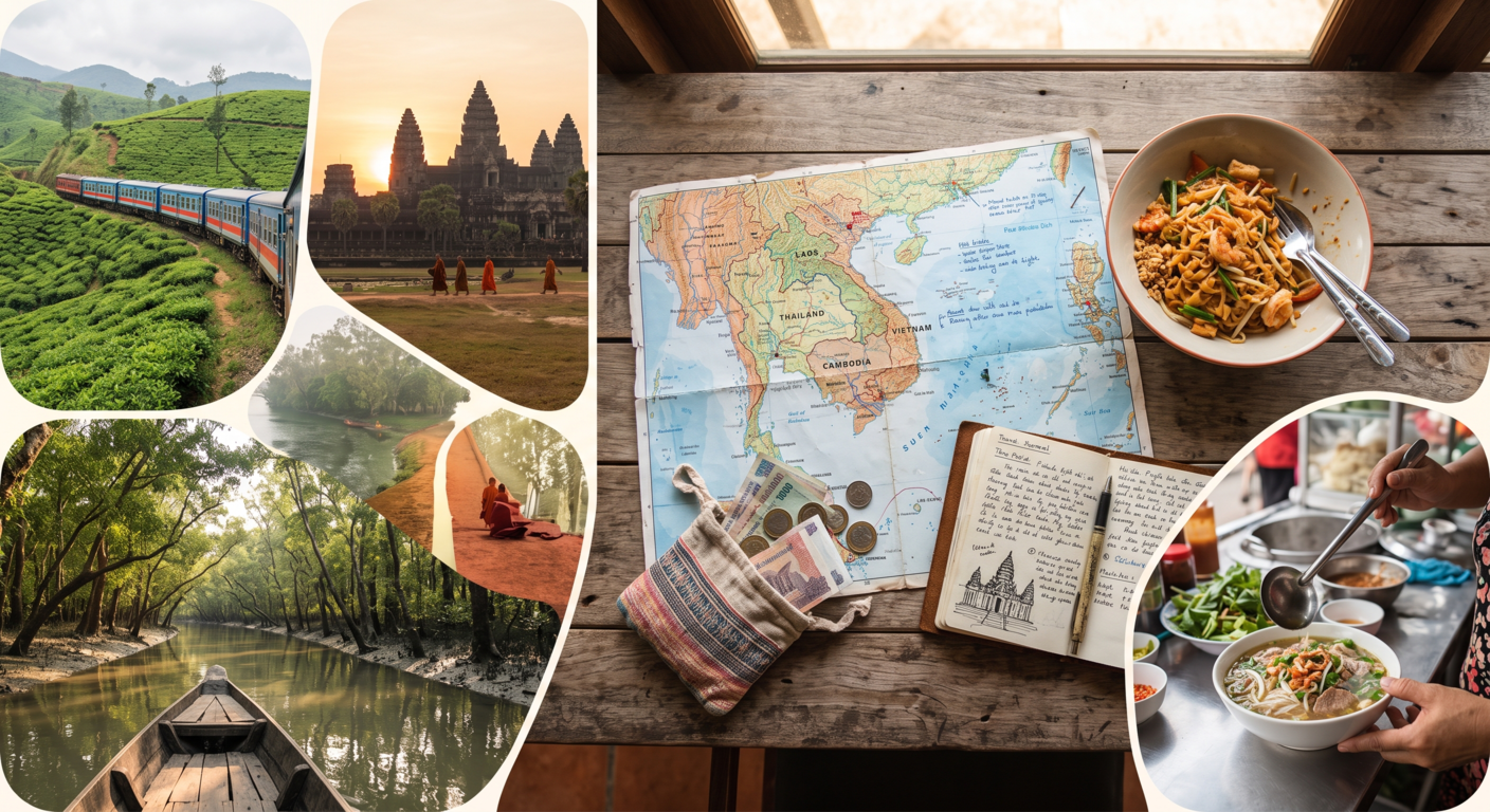 Backpacker's map, local currency, and street food on a table, symbolizing budget solo travel across Asia