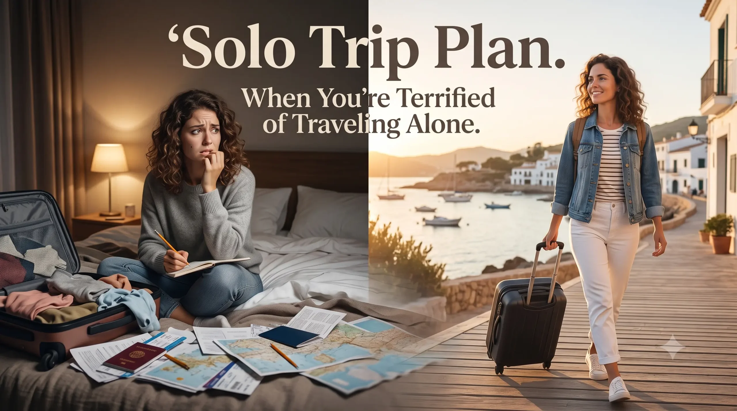 Solo traveler standing alone on a train platform at sunrise, symbolizing courage to travel alone for the first time