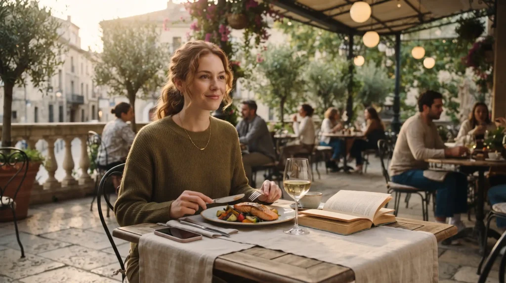 A person confidently eating a meal alone at a restaurant table, symbolizing comfort with solo dining