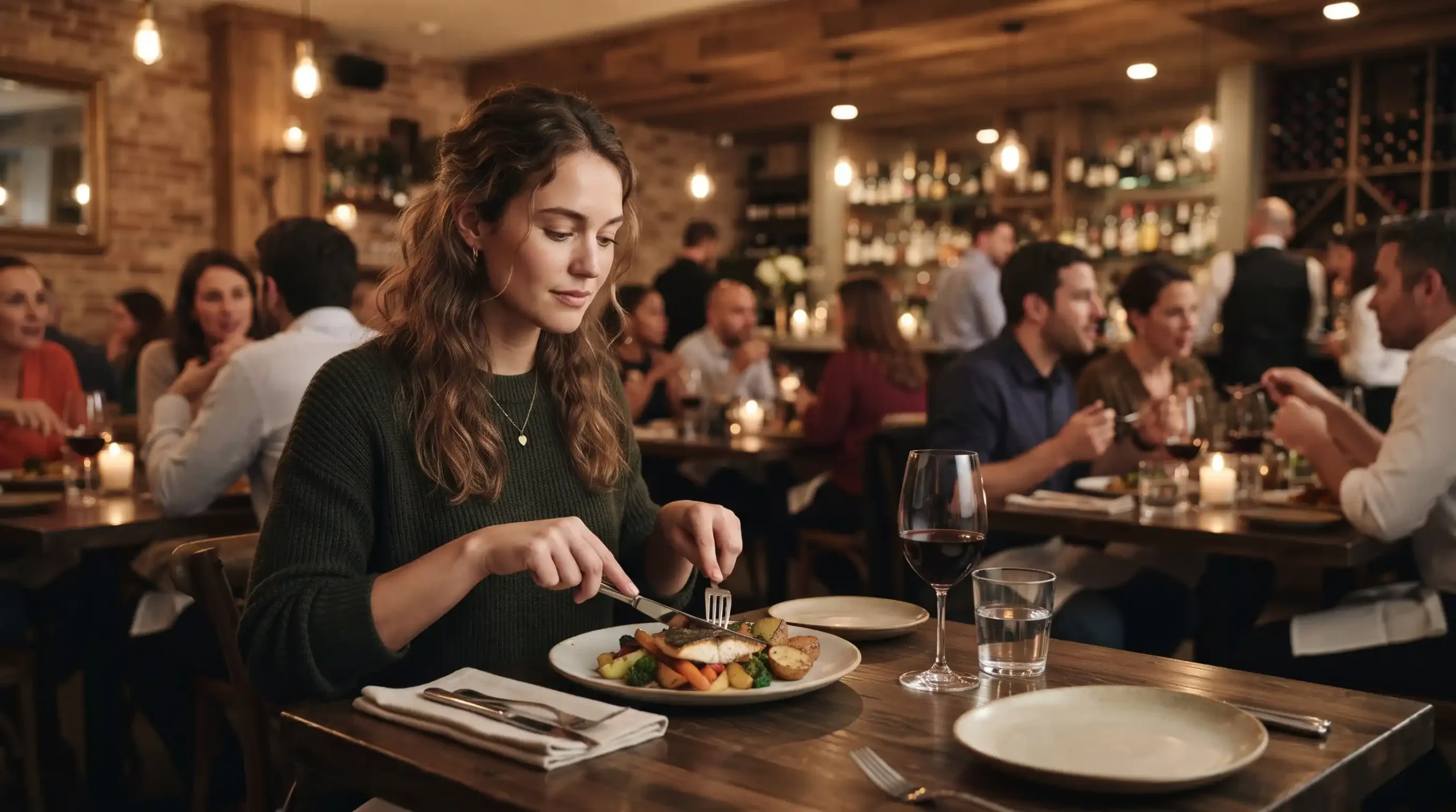 A person confidently eating a meal alone at a restaurant table, symbolizing comfort with solo dining